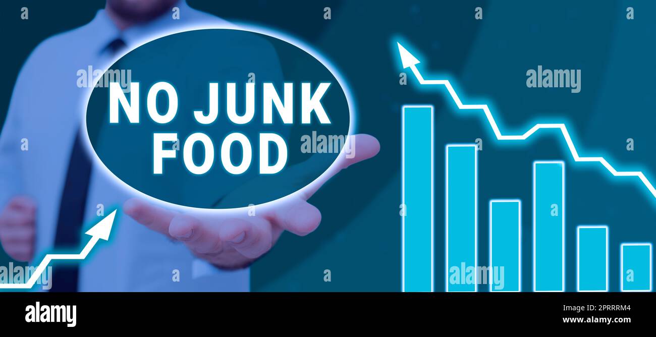 Schild mit der Meldung „No Junk Food“. Business Concept Stop Essen ungesunde Dinge gehen auf eine Diät Geben Sie Burger Pommes frites Stockfoto