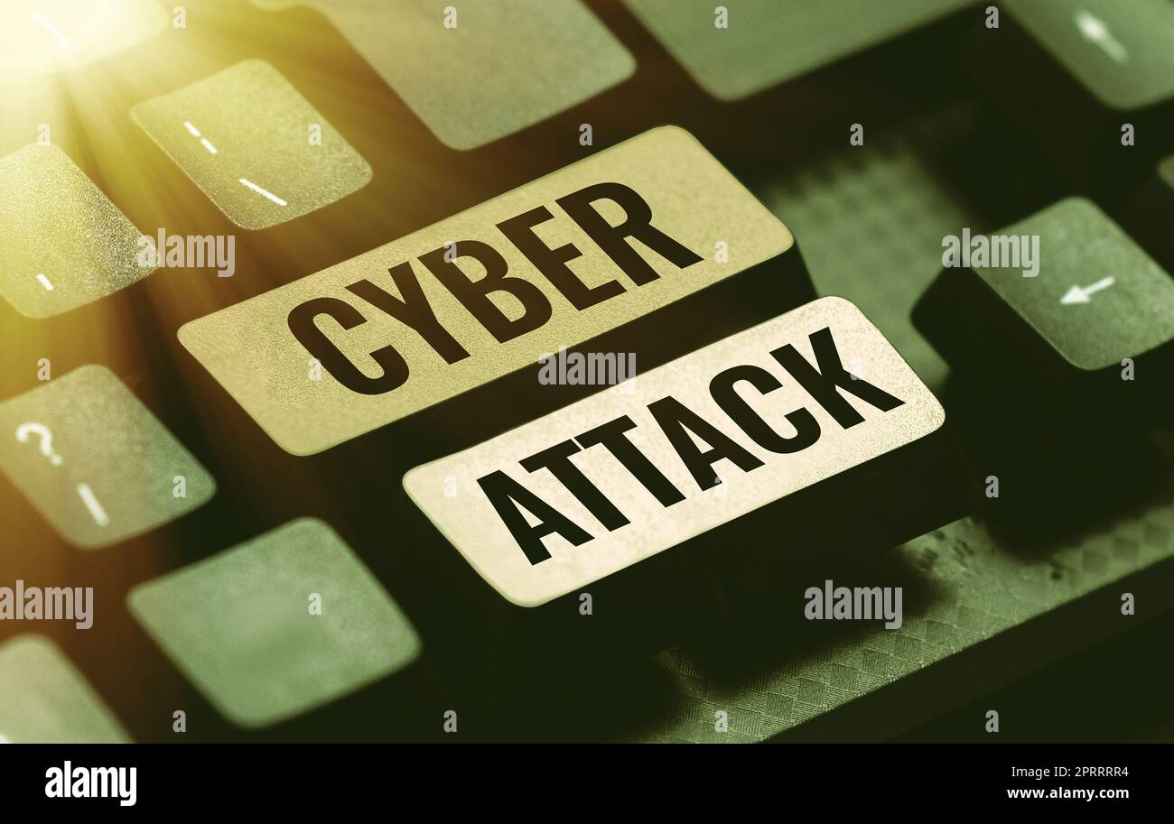 Textschild mit Cyber Attack. Wort für einen Versuch von Hackern, ein Computersystem zu zerstören Stockfoto