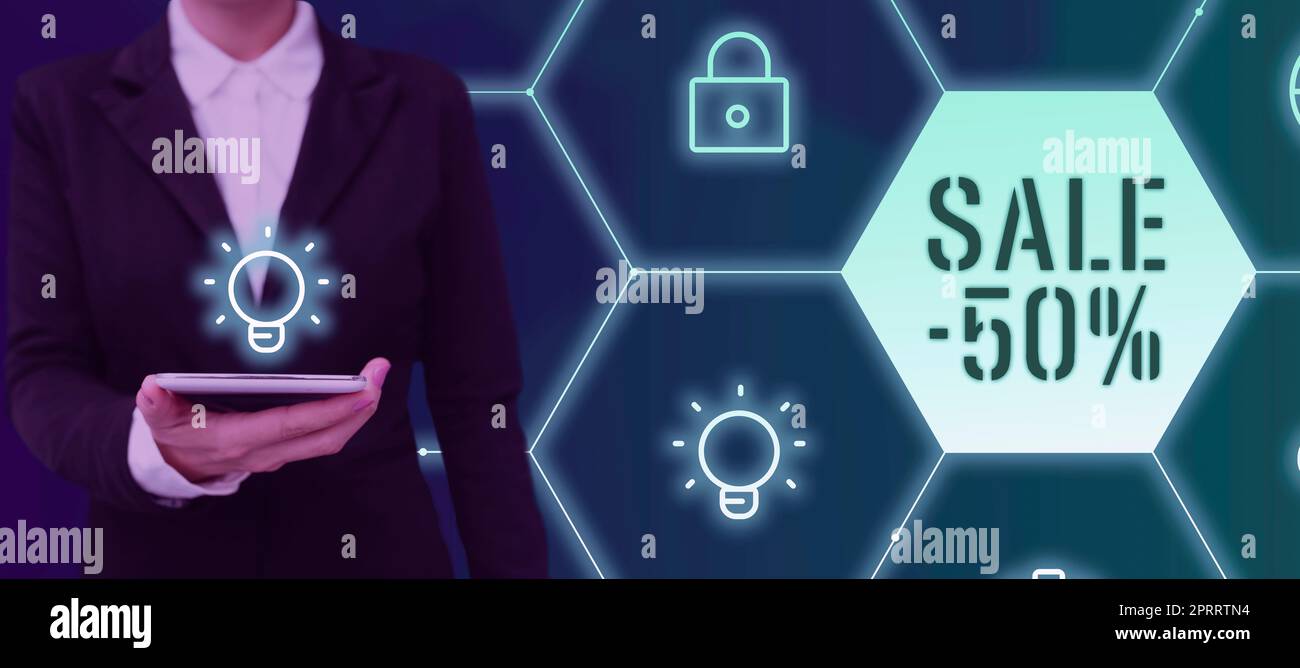 Textunterschrift mit Verkaufsangebot 50. Wort für Einen Aktionspreis für einen Artikel mit 50 % Rabatt Stockfoto