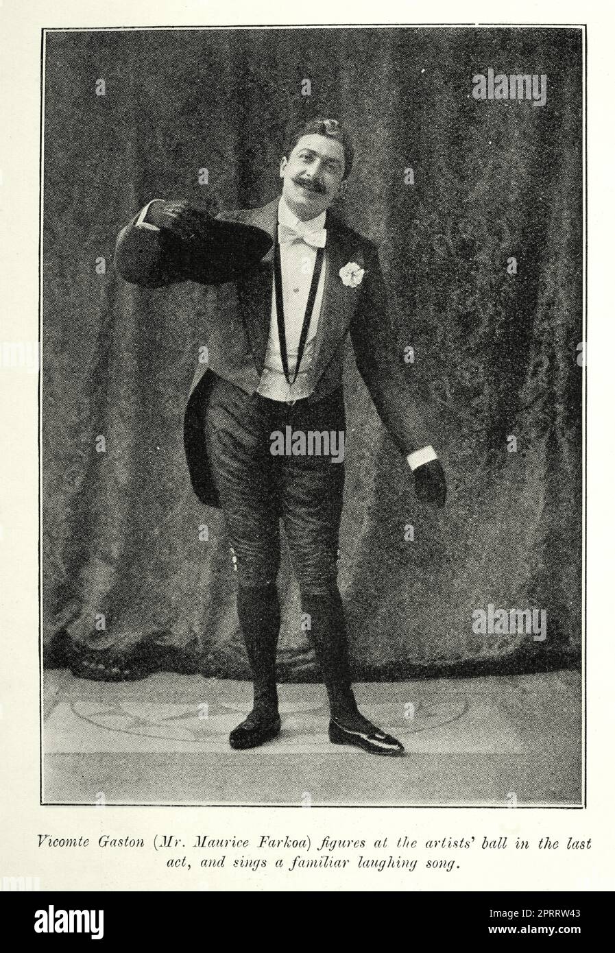 Vintage-Illustration nach einem Foto von Vicomte Gaston, Maurice Farkoa Victorian Schauspieler in Kostüm aus dem Stück The Circus Girl, musikalische Komödie von James T. Tanner im Gaiety Theatre. Die in Paris stattfindende Verschwörung betrifft eine Gruppe englischer Touristen, die sich mit einer Zirkustruppe verwechseln. Zwei der berühmten Lieder aus der Show sind „A Simple Little String“ und „The Way to Treat a Lady“. Stockfoto