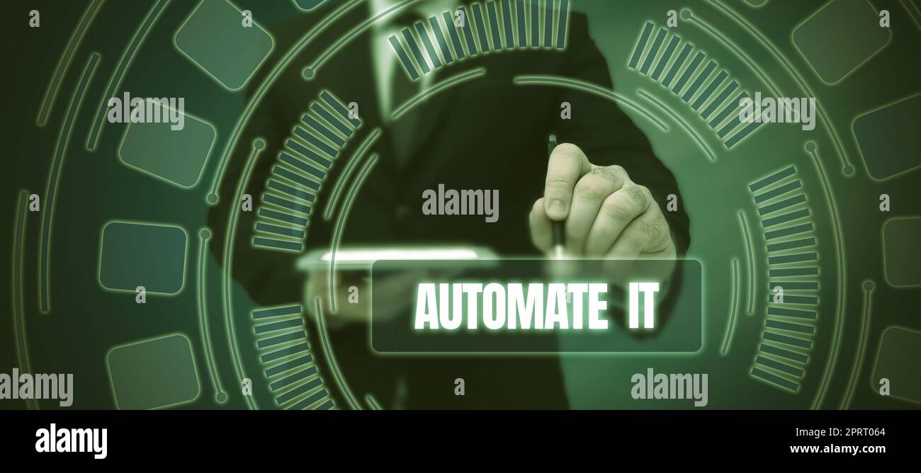 Schild mit der Anzeige „Automatisieren Sie es“. Geschäftsidee Umwandlung von Prozessen oder Anlagen in automatische Anlagen. Stockfoto