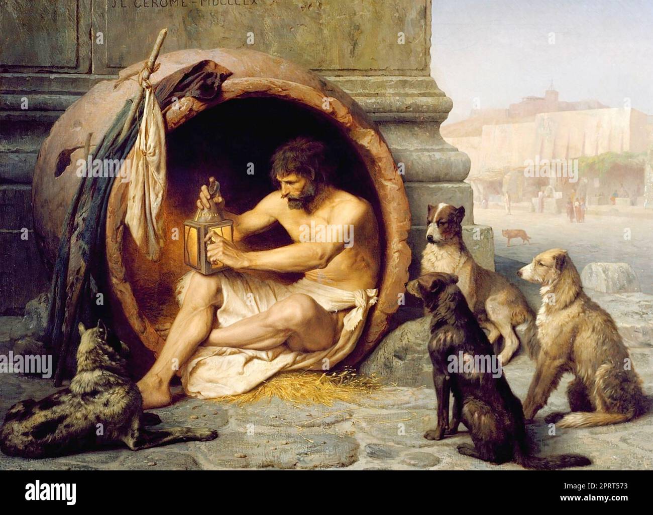 DIOGENES (412 ? -323 v. Chr.) griechischer Philosoph. "Diogenes Sitting in his Tub" von Jean-Léon Gerôme (1860) Stockfoto