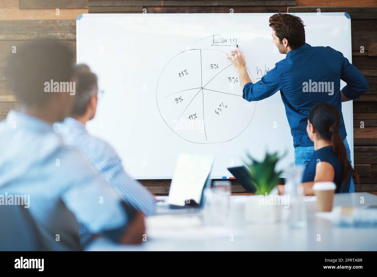 Zeit für eine neue Marketingstrategie. Ein Geschäftsmann erklärt seinen Kollegen während eines Meetings eine Grafik auf einem Whiteboard. Stockfoto