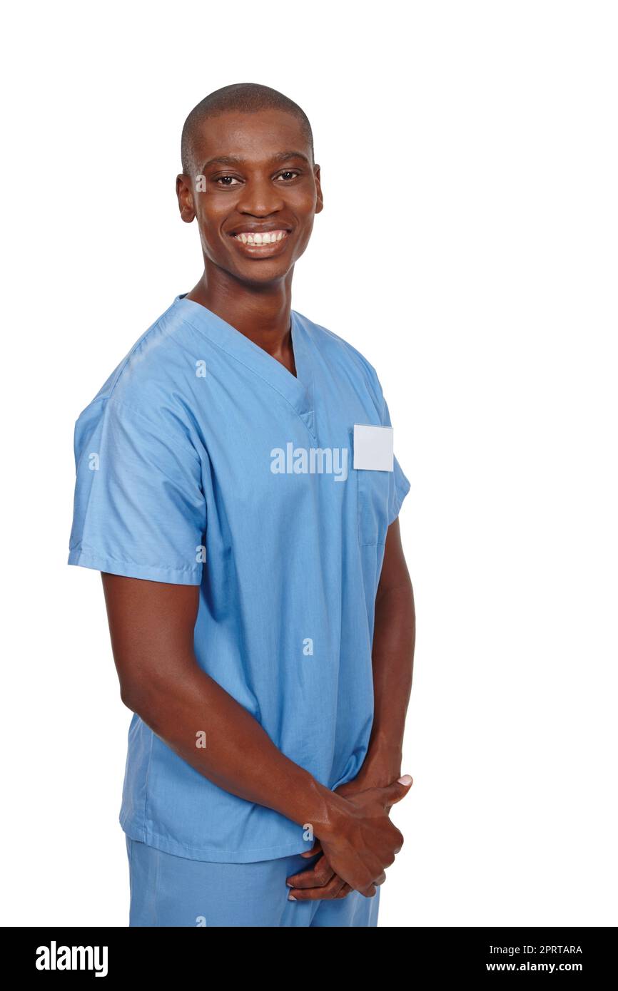 HES ist ein renommierter Chirurg. Studioaufnahme eines jungen Arztes in blauen Peelings. Stockfoto