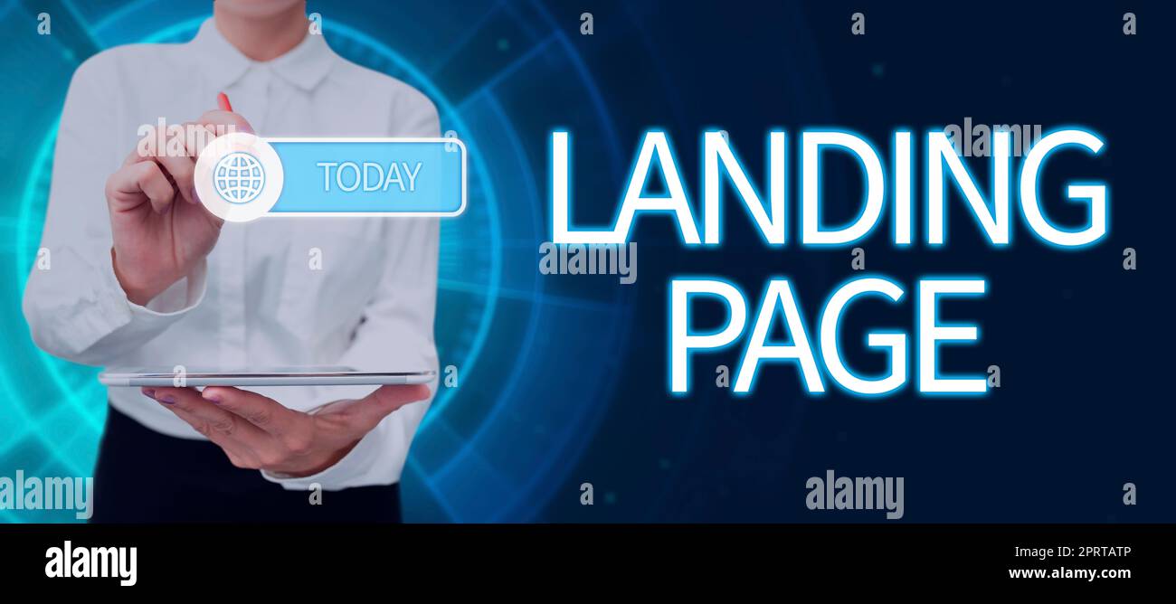 Textschild mit Landing Page. Geschäftsansatz Website, auf die durch Klicken auf einen Link auf einer anderen Webseite zugegriffen wird Stockfoto
