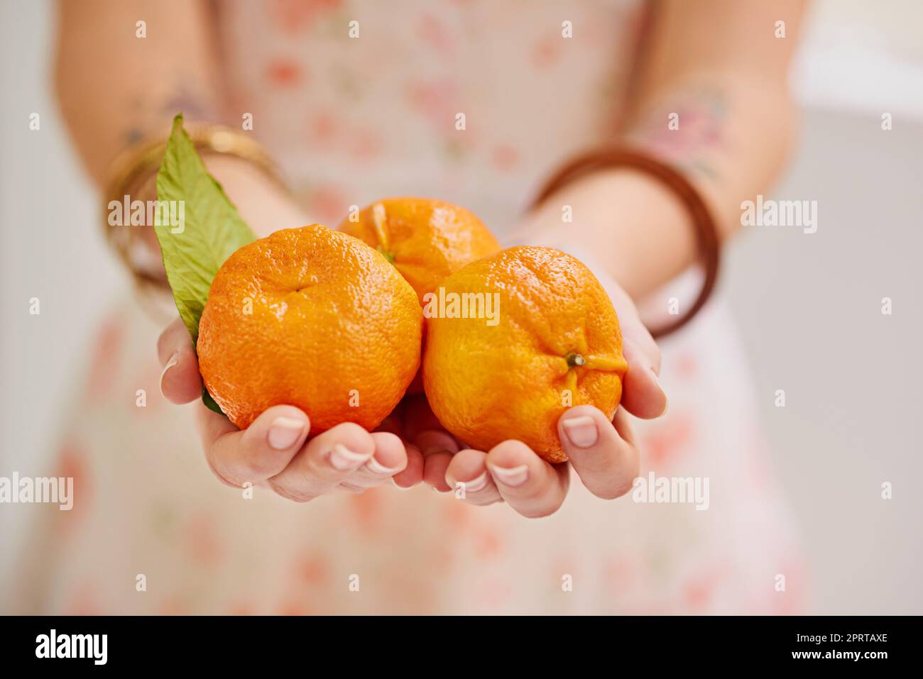 Mandarinen-Versuchung. Drei Mandarinen in den Händen der Frau. Stockfoto
