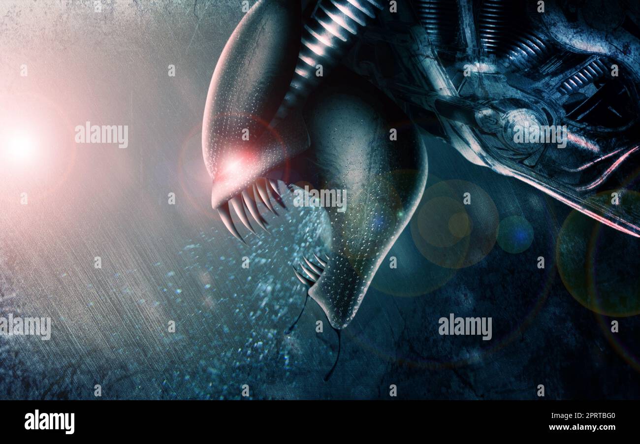 Ich bin hier, um die Welt zu übernehmen. Computergeneriertes Bild eines Aliens mit großen Reißzähne. Stockfoto