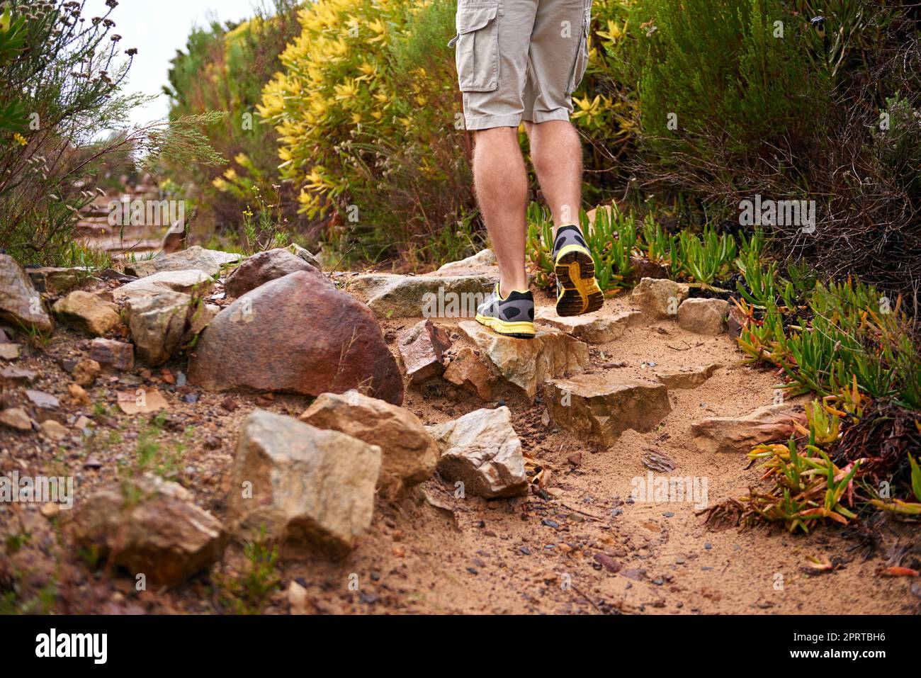 Kauen den Trail. Ein mann Beine, wie er auf einem felsigen Trail wandert. Stockfoto