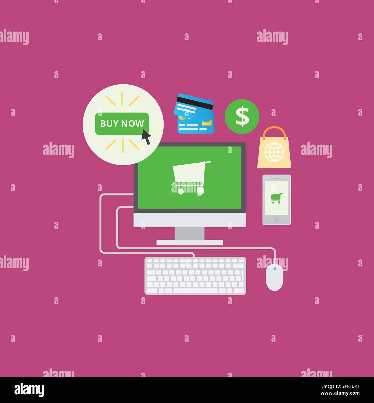 Online-Shopping leicht gemacht. Abbildung: Computer auf pinkfarbenem Hintergrund. Stockfoto
