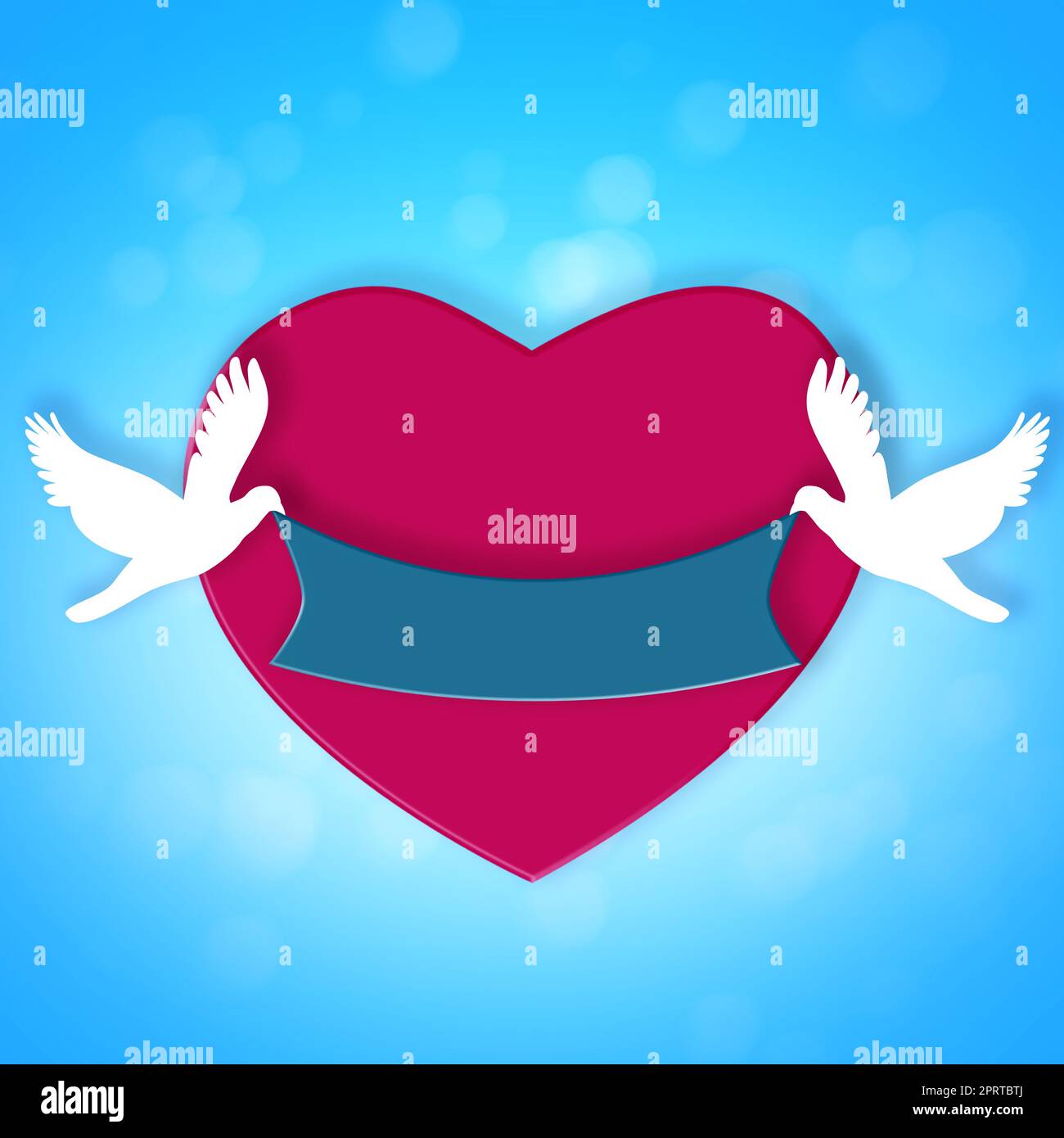 Eure Botschaft der Liebe geht hier hin. Eine grafische Darstellung von zwei Vögeln, die ein Banner über den Hintergrund eines Herzens tragen. Stockfoto