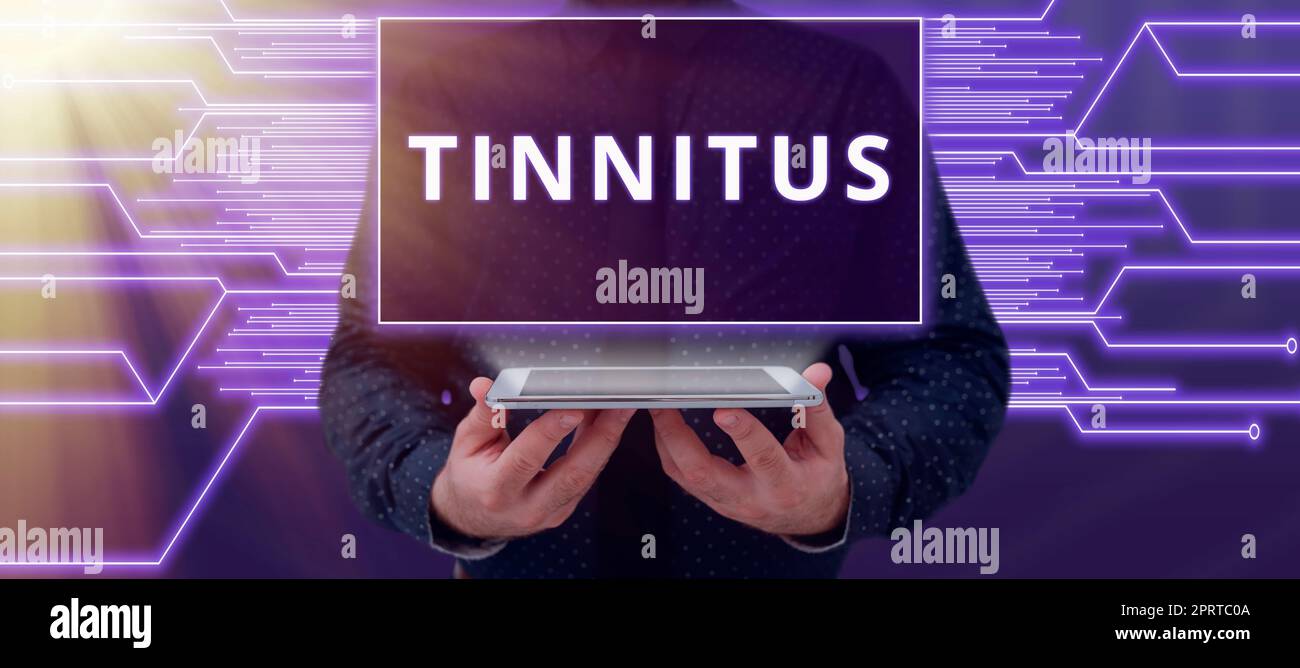 Inspiration zeigt Zeichen Tinnitus. Unternehmen präsentieren ein Klingeln oder Musik und ähnliche Klangerlebnis in den Ohren Stockfoto