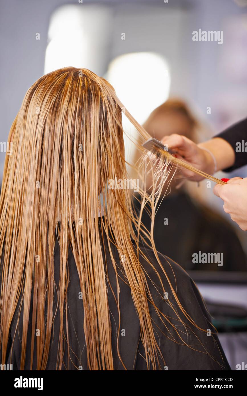 Ein Profi kann sich die Haare schneiden lassen. Eine junge Frau, die sich von einem Friseur die Haare schneiden lassen. Stockfoto