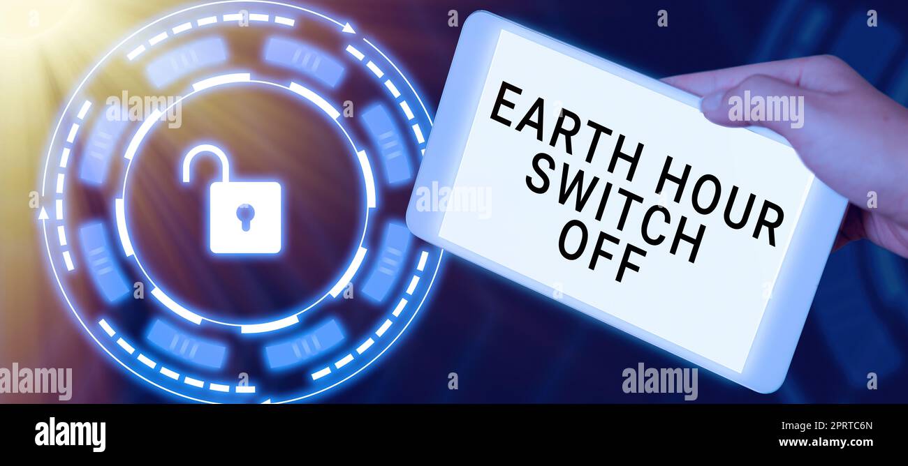 Handschriftentext Earth Hour Switch Off. Wort geschrieben auf dem Lights Out Event Annual Movement Planet Day Stockfoto
