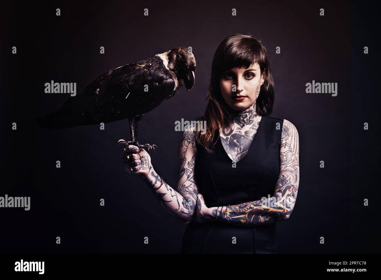 Femme Fatale. Studioaufnahme einer tätowierten jungen Frau, die einen Vogel in der Hand hält. Stockfoto