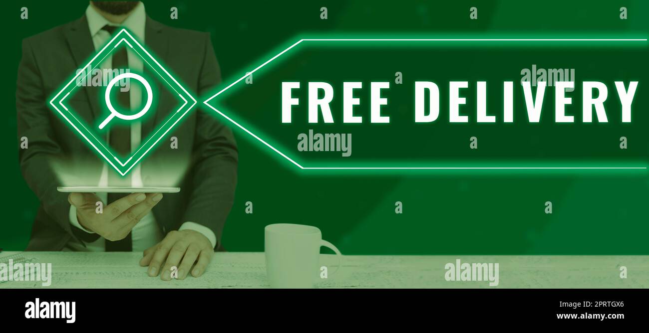 Handschriftlicher Text Kostenlose Zustellung, Geschäftskonzept Versandpaket Fracht Kurier Auslieferungszentrum zerbrechlich Stockfoto