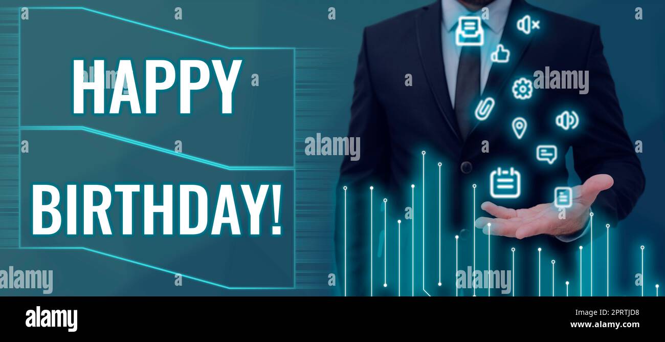 Text mit Inspiration Herzlichen Glückwunsch zum Geburtstag der Geburtstag einer Person wird mit Geschenken gefeiert. Internetkonzept der Geburtstag einer Person wird mit Geschenken gefeiert Stockfoto