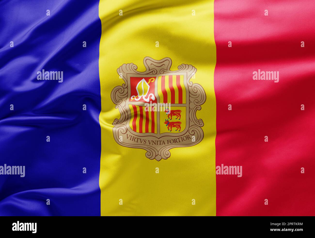 Schwenkende Nationalflagge von Andorra Stockfoto