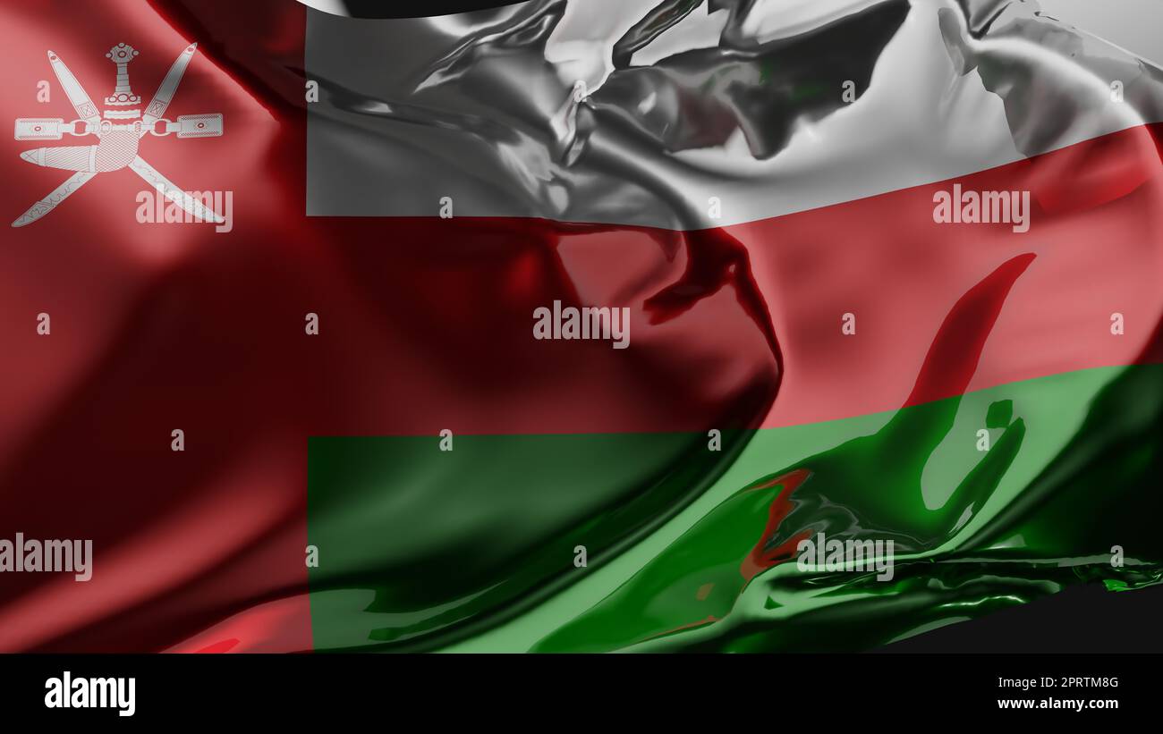Flagge von Oman, die im Wind winkt, Nationalflagge von Oman, Stoffstruktur, Nahaufnahme, realistisch, 3D-Rendering Stockfoto