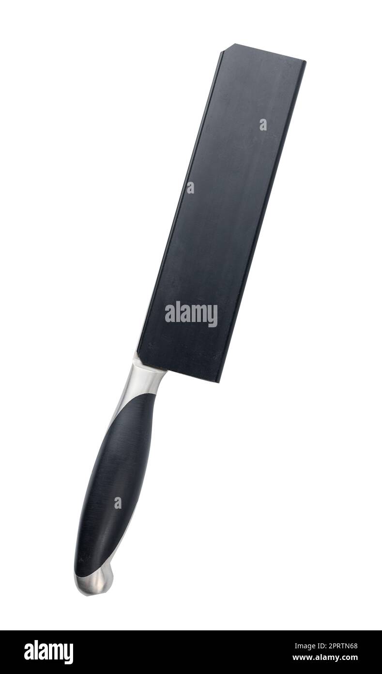 Großes Küchenmesser in einer Kunststoffhülle isoliert auf weißem Hintergrund Stockfoto