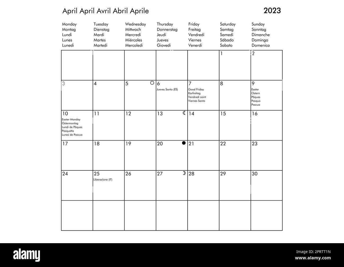 feiertage in italien - 5 April Mehrsprachiger Kalender für das Jahr 23 in Englisch Deutsch Französisch Spanisch und Italienisch mit USA GB Deutschland Frankreich Spanien und Italien Feiertage Stockfotografie - Alamy
