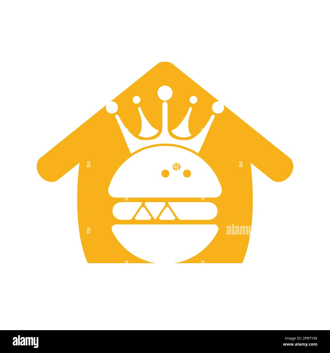 Burger King Vektor-Logo-Design. Burger mit Krone und Schnurrbart mit Logo in Heimform. Stock Vektor