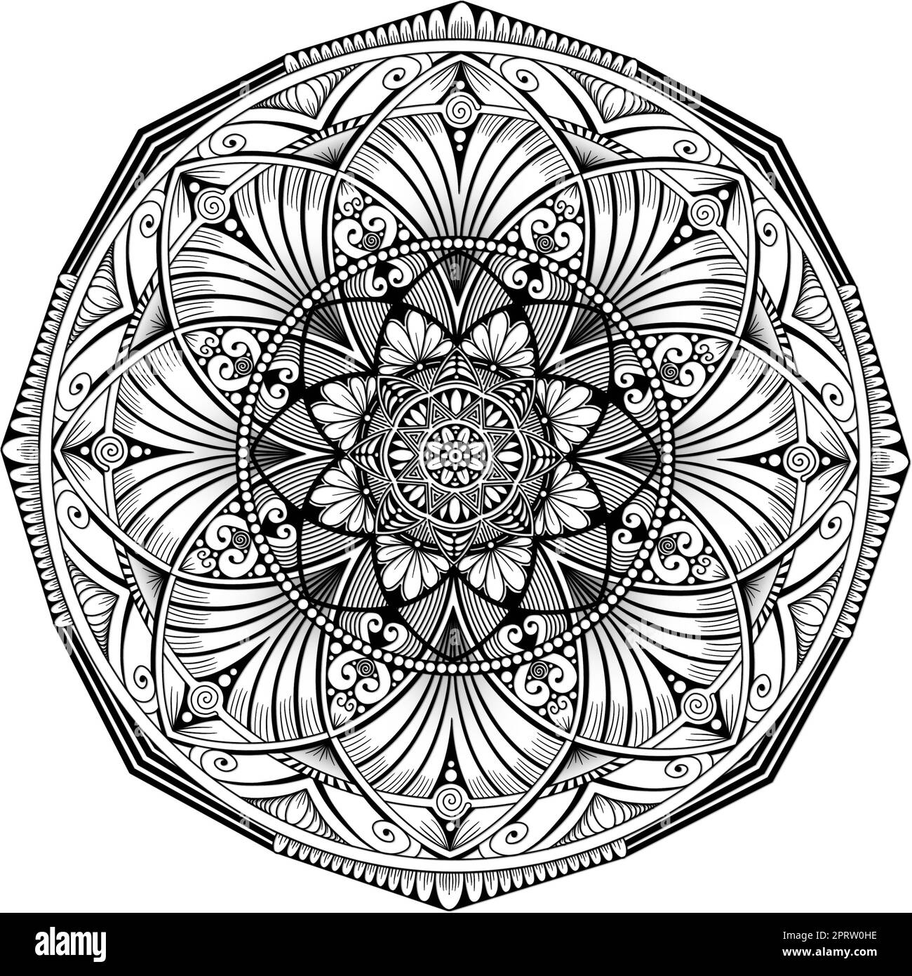 Schwarzweiß-Mandala-Muster. Henna, Tattoo-Hintergrund. Traditionelles Design. Stockfoto