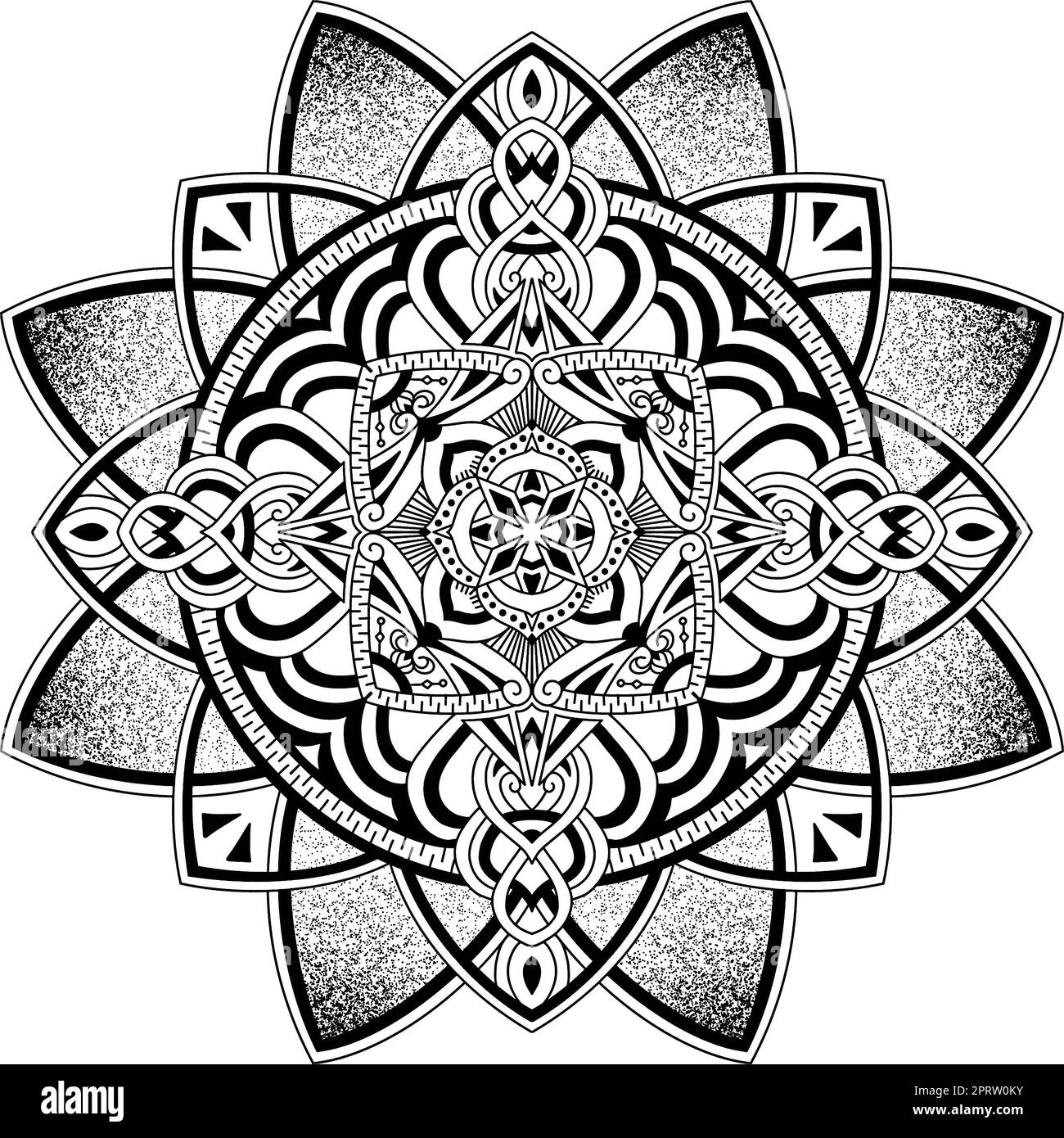 Schwarzes Mandala auf weißem isoliertem Hintergrund. Blumenmuster. Yoga-Design. Stockfoto