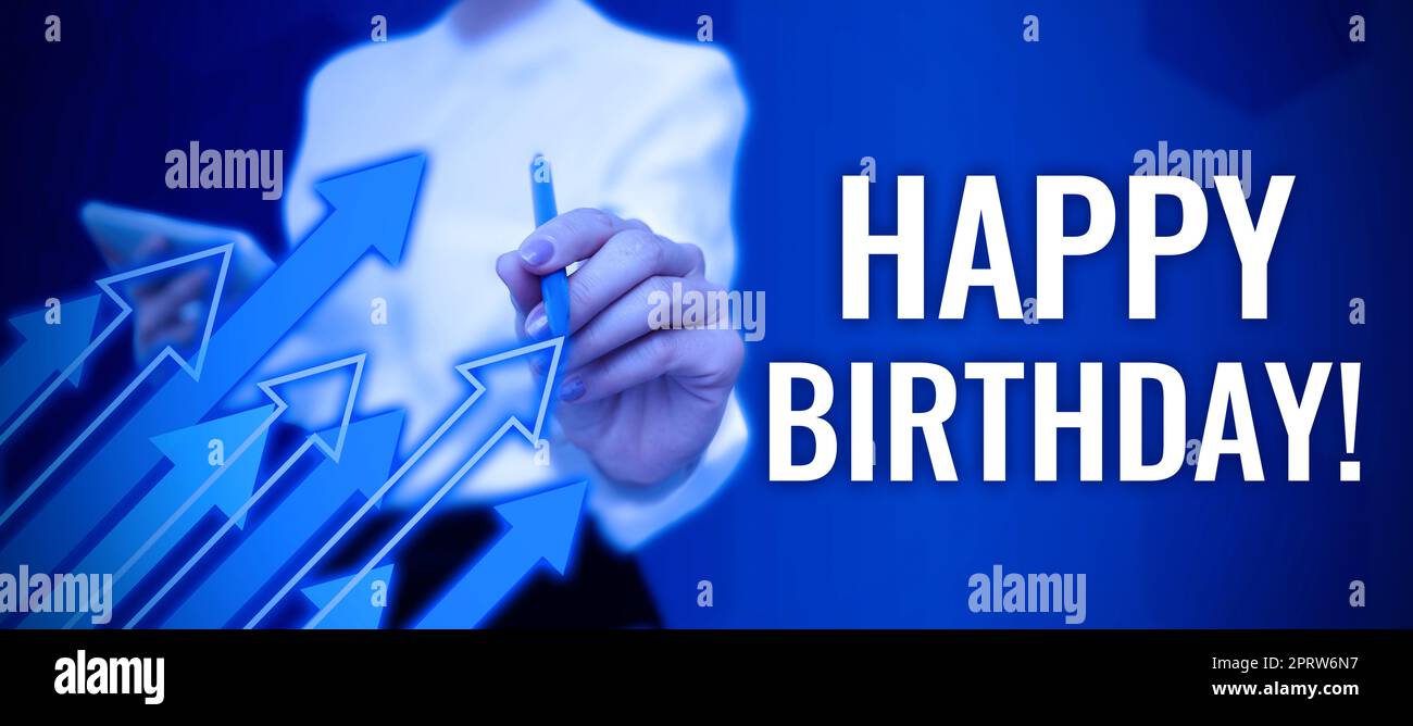 Inspiration mit Schild Happy Birthday der Geburtstag einer Person wird mit Geschenken gefeiert. Internetkonzept der Geburtstag einer Person wird mit Geschenken gefeiert Stockfoto