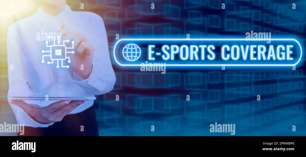 Konzeptionelle Darstellung E Sports CoverageReporting live zum neuesten Sportwettbewerb Broadcasting. Word für Live-Berichterstattung über den neuesten Sportwettbewerb Broadcasting Stockfoto