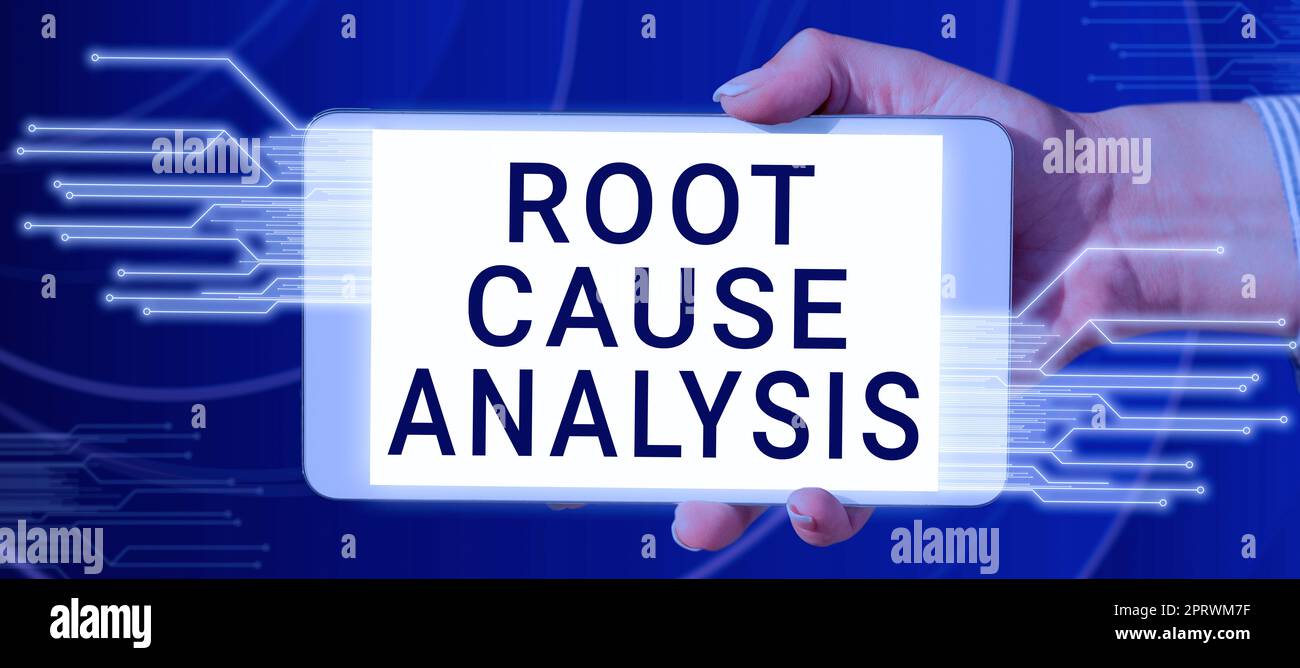 Schild mit Anzeige der Ursachenanalyse. Wort für Methode der Problemlösung Fehler oder Problem identifizieren Stockfoto