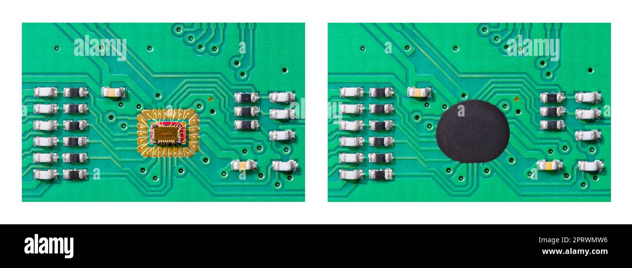 Nahaufnahme von zwei integrierten Schaltkreisen in grüner Leiterplatte. Microchip-Matrizen, die durch Drahtanschluss oder COB-Baugruppentropfen (Chip on Board) auf einer elektronischen Schaltung befestigt werden. Stockfoto