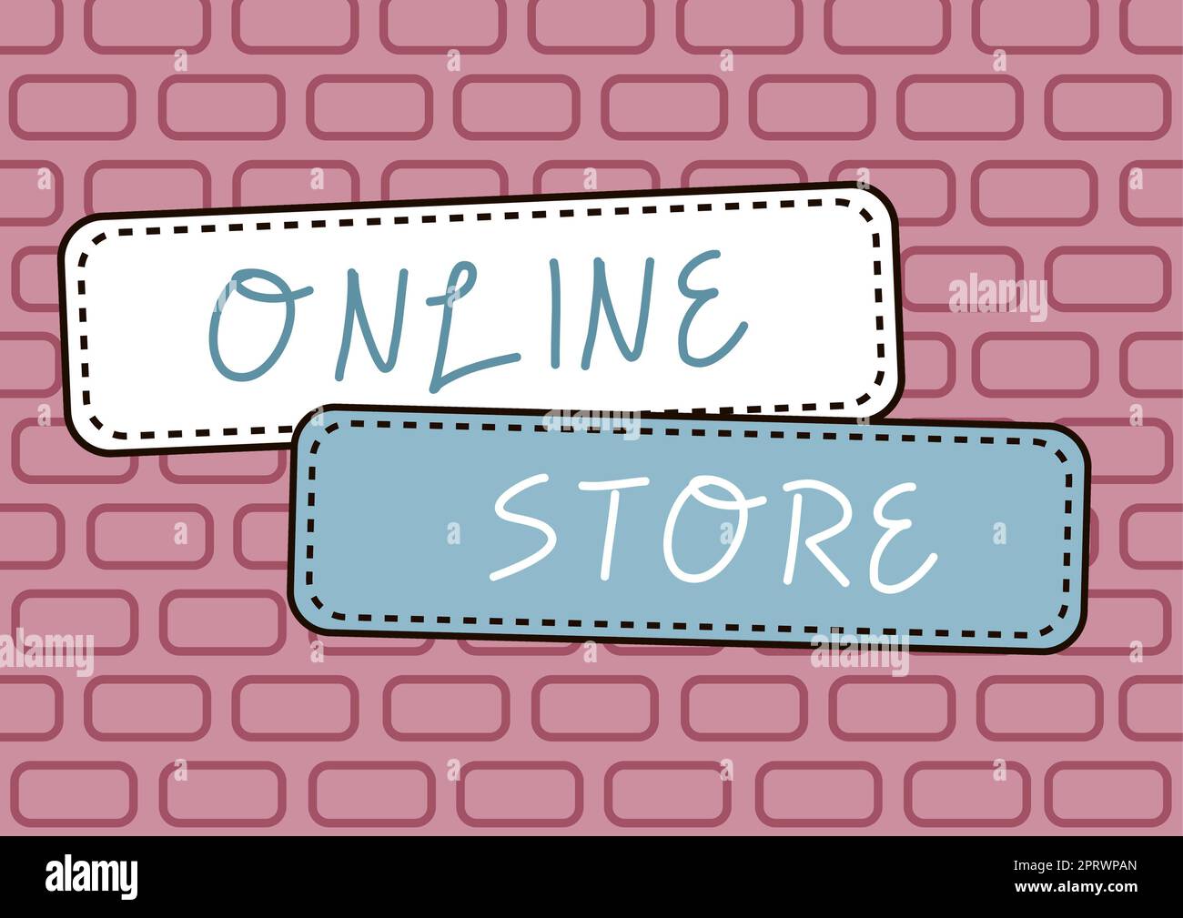 Textzeichen mit Anzeige des Online-Shops. Konzept bedeutet Eine Website, die Artikel zum Verkauf anbietet und Kreditkarten akzeptiert rechteckige leere Formen für Geschäftswerbung und Werbeaktionen. Stockfoto