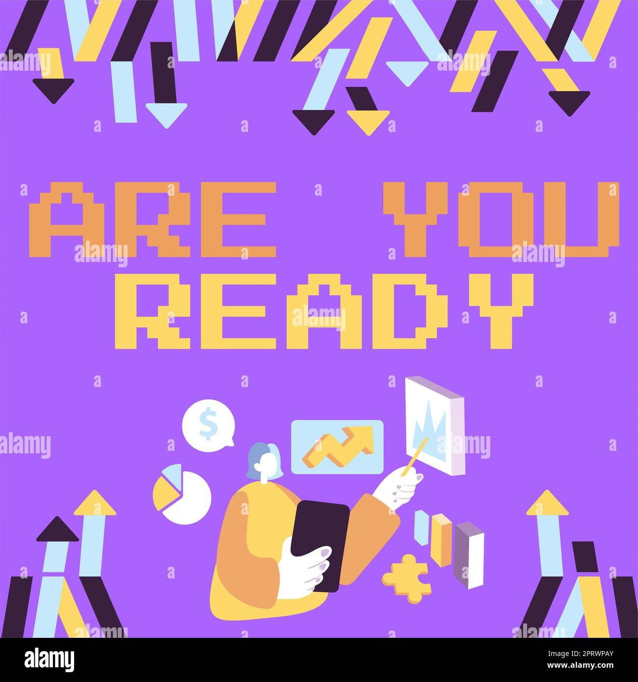 Textzeichen mit dem Hinweis „sind Sie bereit“. Internetkonzept Wachsamkeit Vorbereitung Dringlichkeitsspiel Beeilen Sie sich, Wide Awake Woman Held Tablet zeigt neue Updates auf dem Präsentationstafel. Stockfoto