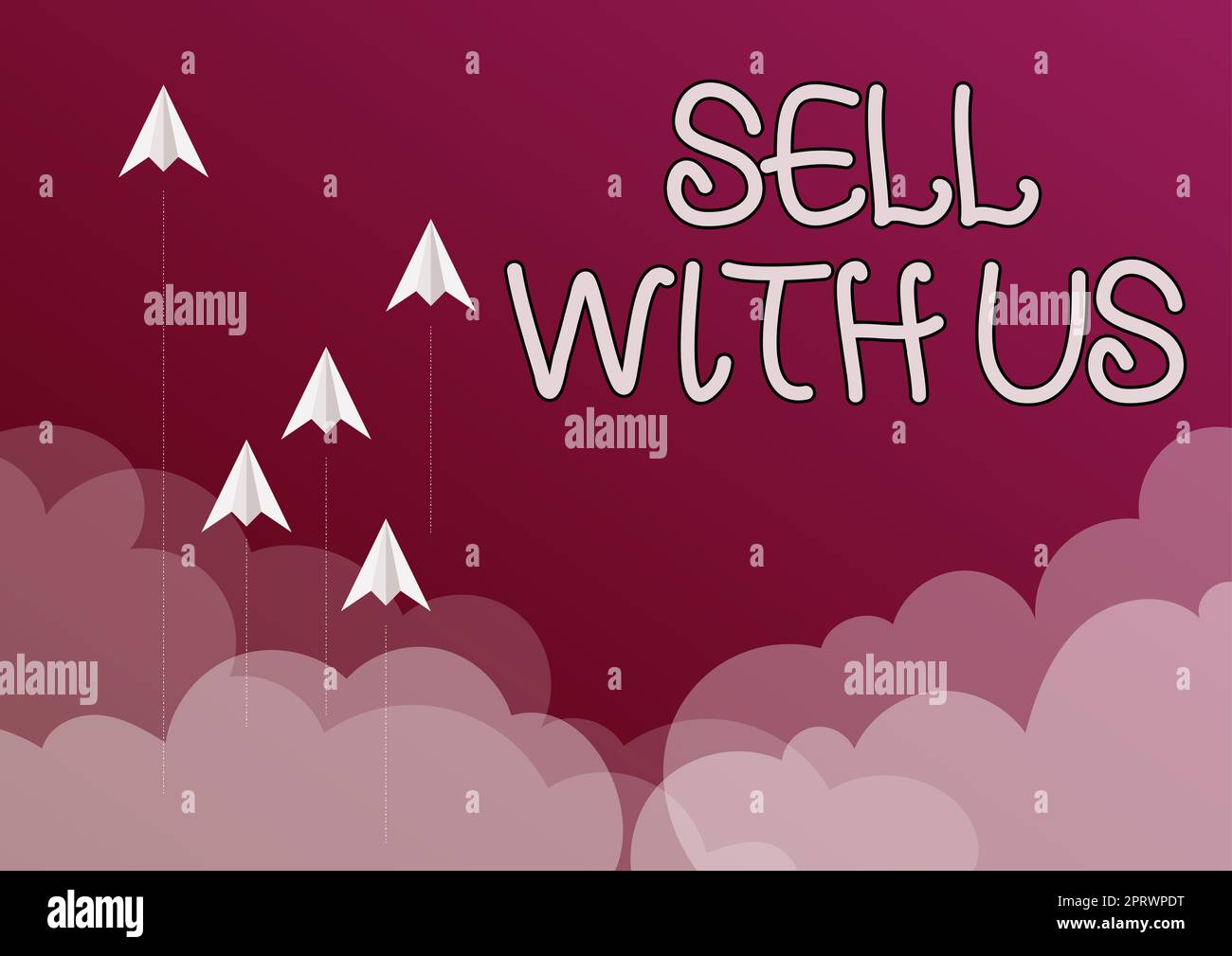 Schreiben von Text „Sell With US“ (bei uns verkaufen). Geschäftsansatz Online-Verkaufsplattform auf der Suche nach dem Verkäufer elektronischer Handel fünf Papierflugzeuge fliegen in den Himmel, umgeben von Clouds, um Ziele zu erreichen. Stockfoto
