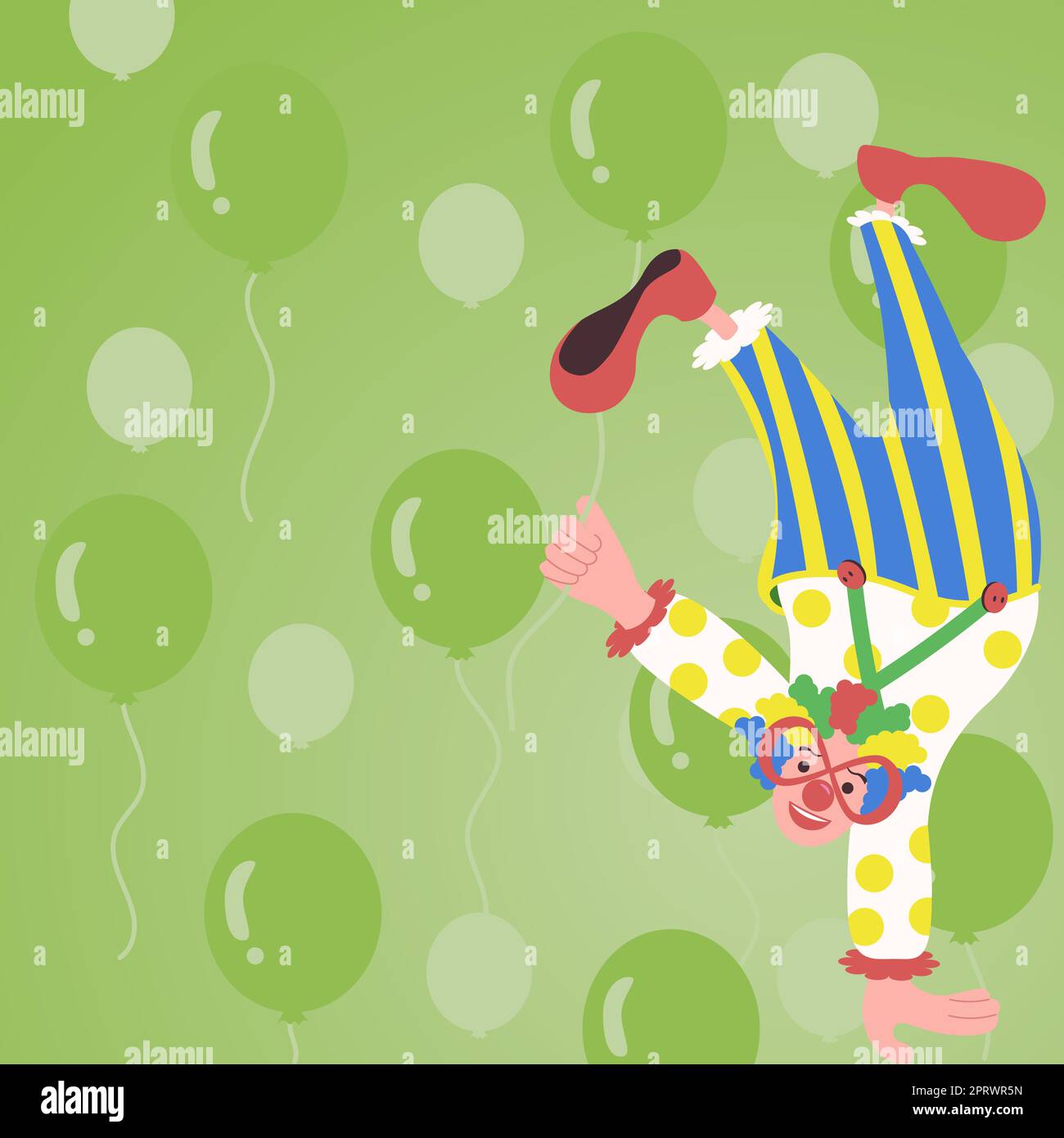 Ein Clown Steht Kopfüber Auf Einer Hand Und Hält Den Ballon Mit Der Anderen. Comedian Mit Brille Und Farbenfrohes Wig Making Amusement. Mann Feiert Geburtstag. Stockfoto