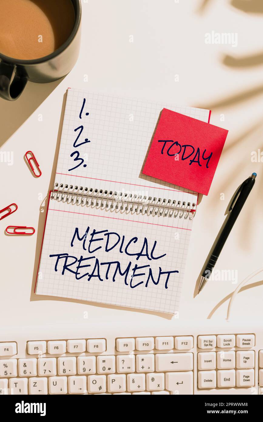 Schriftstellertext Medizinische BehandlungManagement und Betreuung eines Patienten zur Bekämpfung von Krankheiten. Geschäftskonzept Management und Betreuung eines Patienten zur Krankheitsbekämpfung Stockfoto