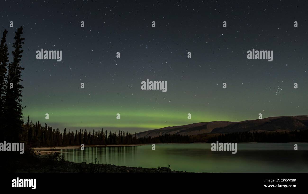 Nordlichter und die Plieades über dem Boya-See Stockfoto