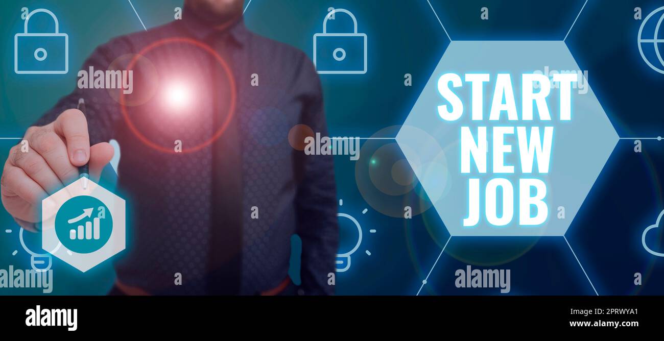 Schild mit der Anzeige „Neuen Job starten, rekrutiert im Unternehmen“ Neuen Arbeitsvertrag