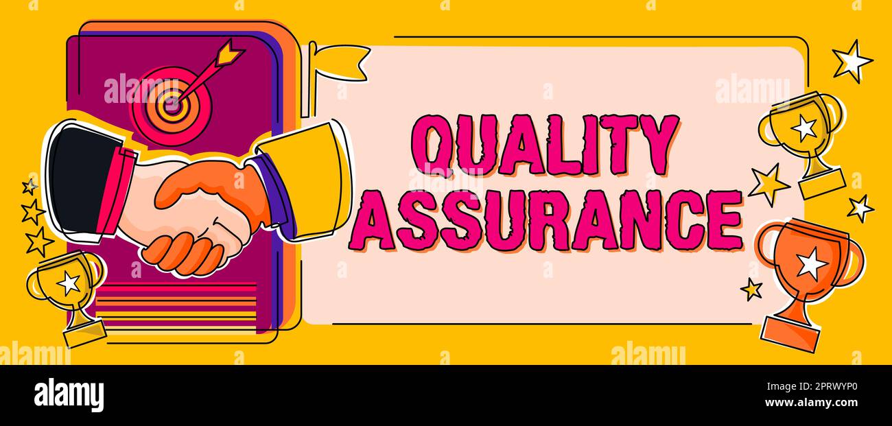 Konzeptionelle Qualitätssicherung der Anzeige stellt eine bestimmte Qualitätsanforderung sicher. Die Bedeutung des Konzepts gewährleistet ein bestimmtes Qualitätsniveau, das für die Anforderungen festgelegt wurde Stockfoto
