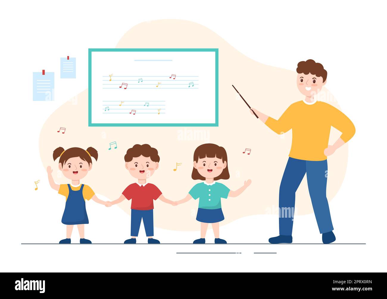 Musik Schule Vorlage in Hand gezeichnet Cartoon flache Illustration Spielen verschiedene Musikinstrumente, Lernen Bildung Musiker und Sänger Stockfoto