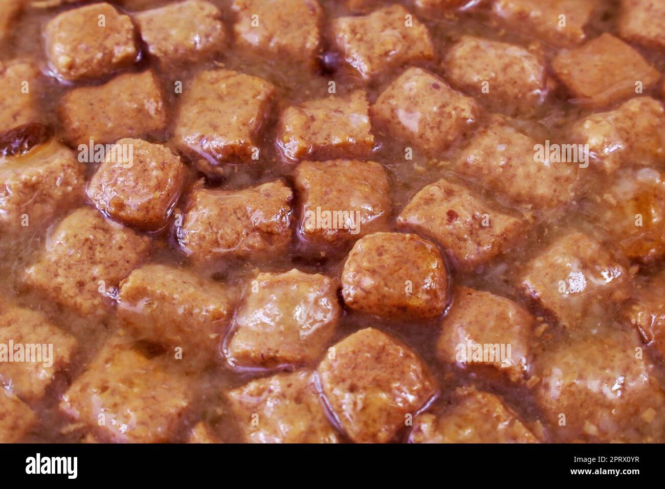 Braune Stücke in Gelee-Sauce mit nasser Hundefutter-Konsistenz aus der Nahaufnahme. Stockfoto