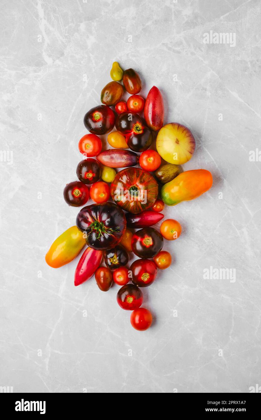 Vertikale Zusammensetzung mit einer Auswahl an Tomaten Stockfoto