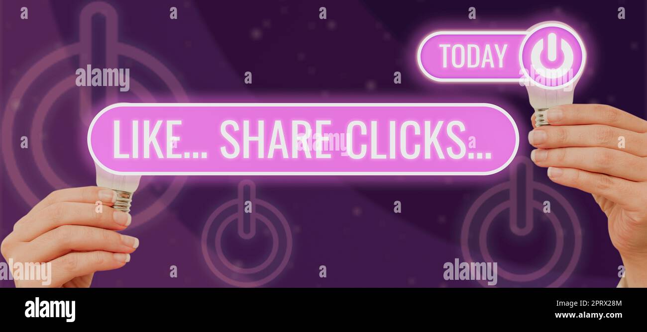 Handschriftlicher Text wie Klicks teilen. Internet Concept Content Marketing zur Steigerung der Interaktion Social Media Speech Bubble Letter mit Umschlag und Vergrößerungsglas über dem Tisch. Stockfoto