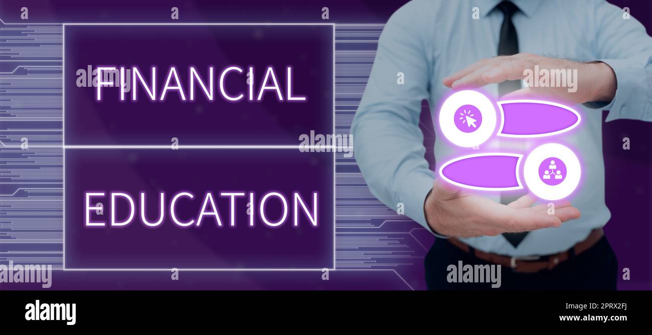 Textunterschrift mit Darstellung der Finanzbildung. Überblick über das Unternehmen Verständnis von Währungsbereichen wie Finanzen und Investitionen Stockfoto