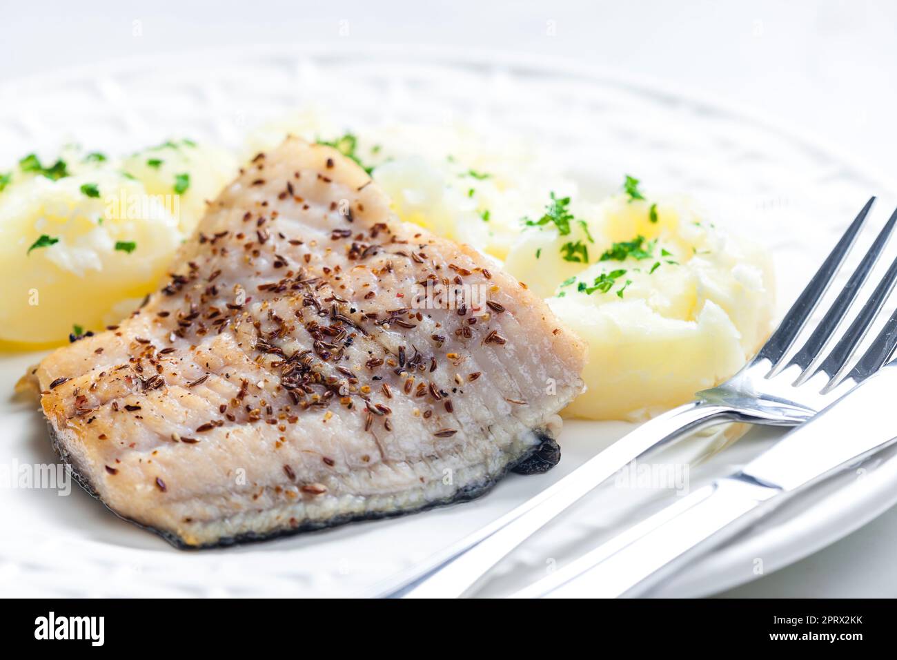 zander auf Kreuzkümmel mit gekochten Kartoffeln Stockfoto