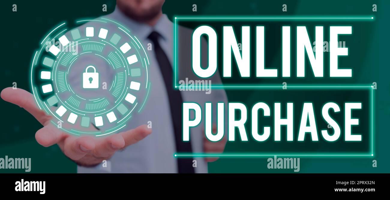 Handgeschriebenes Schild Online-Einkauf von Waren des elektronischen Geschäftsverkehrs über das Internet. Für den Erwerb von Waren des elektronischen Handels über das Internet Stockfoto