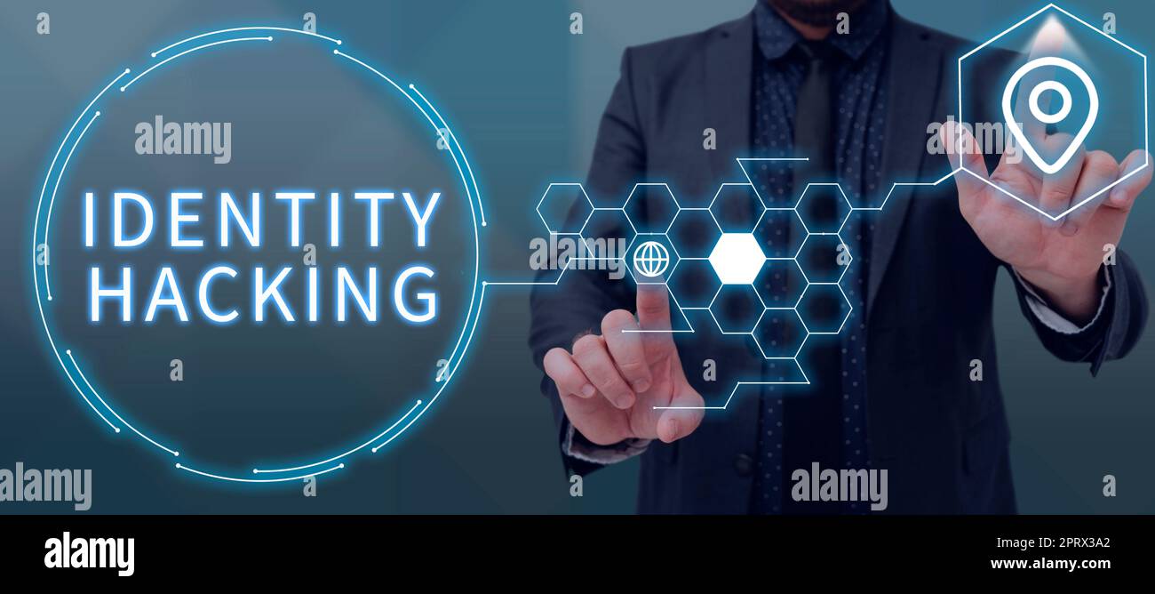 Schild mit Identitäts-Hackingkriminellen, die Ihre persönlichen Daten mit Malware stehlen. Unternehmen präsentieren Kriminelle, die Ihre persönlichen Daten mit Malware stehlen Stockfoto