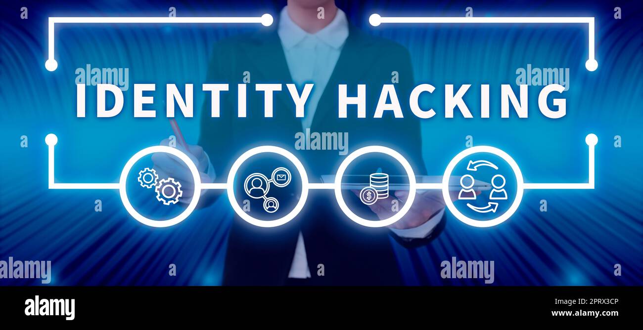 Handschriftlicher Text Identität Hackingkrimineller, der Ihre persönlichen Daten mit Malware stiehlt. Unternehmensüberblick Kriminelle, die Ihre persönlichen Daten mit Malware stehlen Stockfoto