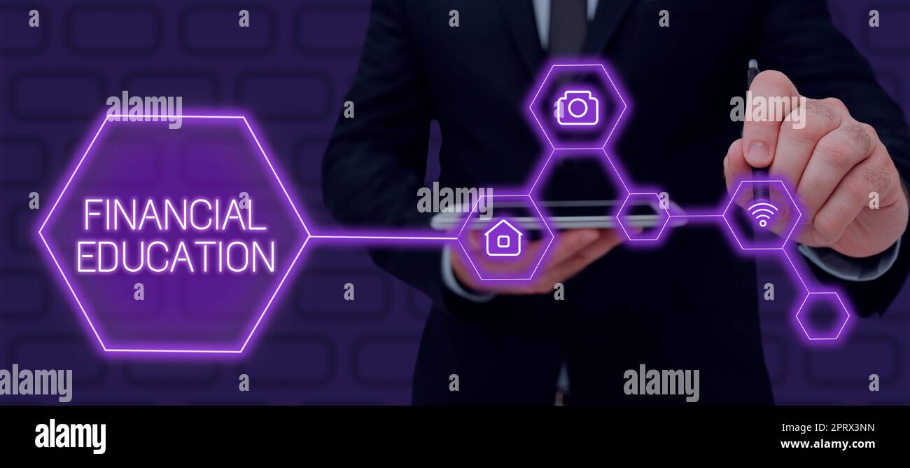 Konzeptionelle Darstellung Financial Education. Geschäftsidee das Verständnis von Währungsbereichen wie Finanzen und Investieren Stockfoto