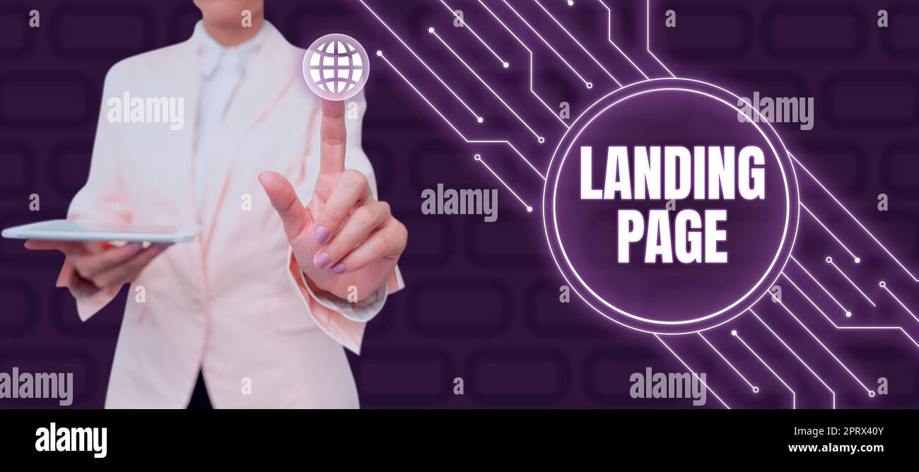 Textüberschrift mit Landing Page. Business Idea Website, auf die durch Klicken auf einen Link auf einer anderen Webseite zugegriffen wird Stockfoto